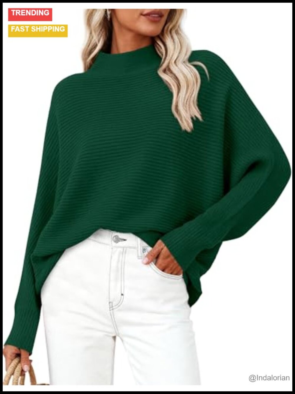 Womens Oversized Ribbed Knit Mock Neck Batwing Sleeve Pullover Sweater